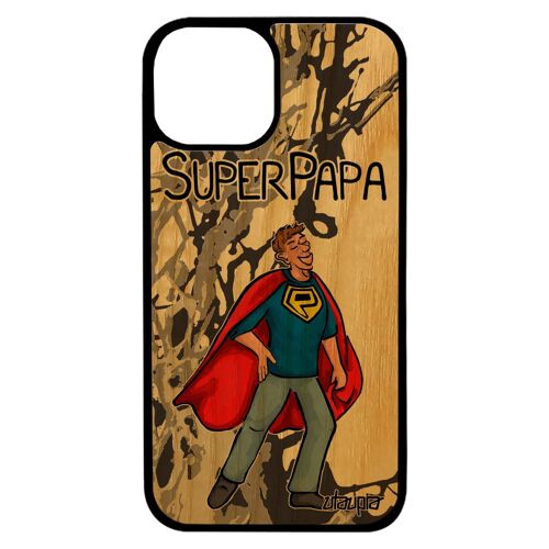 Coque super papa pour iPhone 13 mini bois silicone case drole comique frêne gris heros père bebe telephone unique 4G etui de