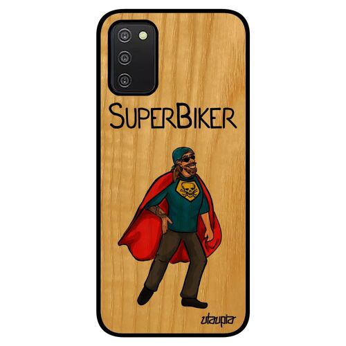 Coque Samsung A03S en bois et silicone super biker motard rouge comics humour drole bande dessinée de protection humoristique galaxy