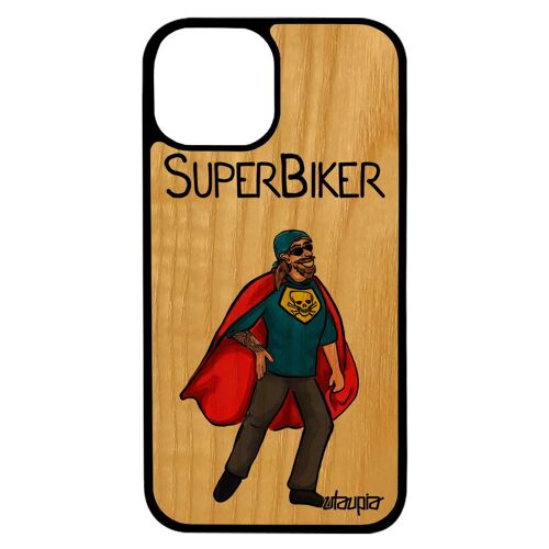 Coque telephone pour iPhone 13 bois silicone super biker motard 4G drole humoristique frêne humour comics case heros rouge de