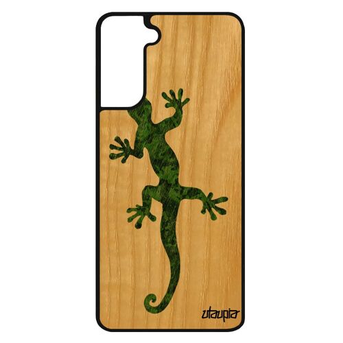 Coque Samsung Galaxy S21 FE en bois silicone salamandre mobile caoutchouc telephone femme antichoc housse esprit du feu animal Vert