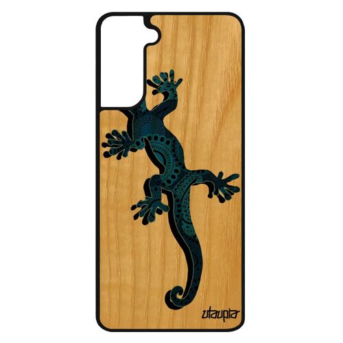 Coque silicone Samsung S21 FE en bois salamandre Bleu de protection azteque tribal telephone fille boheme original lezard galaxy
