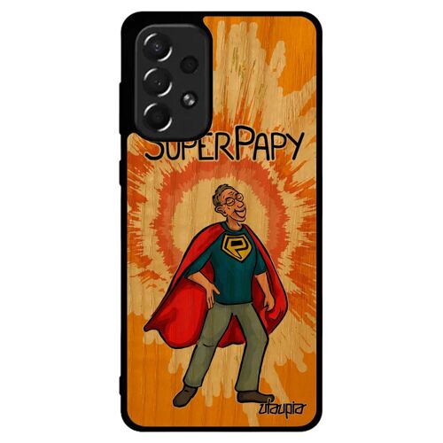 Coque super papy pour Galaxy A73 vrai bois silicone drole bd enfant texte orange cadeau fete des grands peres papi heros de Samsung
