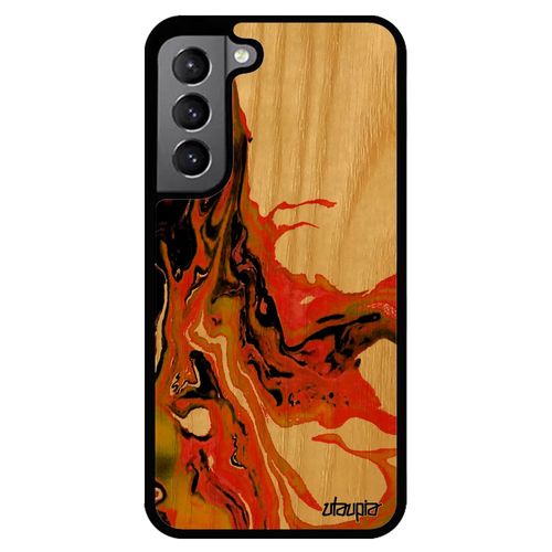 Coque Samsung S22 Bois Veritable Silicone Peinture Acrylique De Protection Fond Jolie Orange Case Moderne Marbre Authentique Galaxy