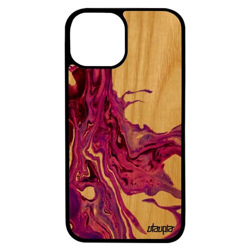 Coque en bois telephone iPhone 13 silicone peinture contemporain souple effet portable de protection violet motif authentique