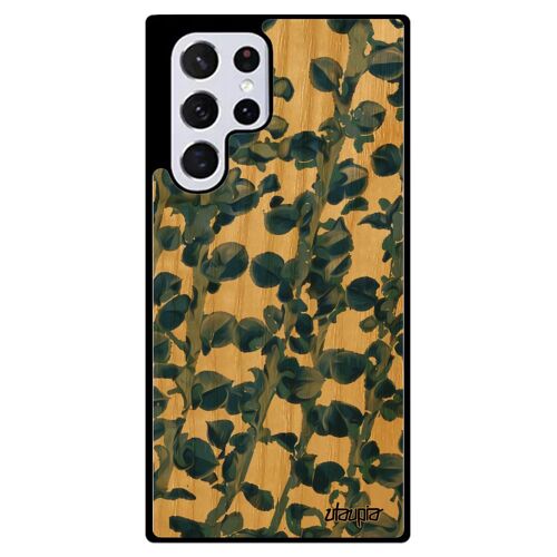 Coque silicone S22 Ultra bois motif feuilles bleu smartphone cadeau nature etui fleurs effet cover case plantes de Samsung galaxy