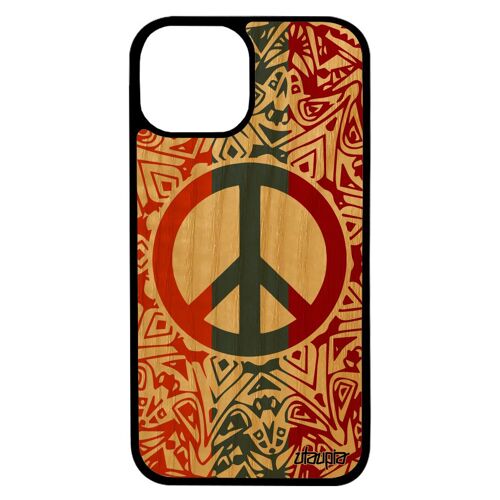 Coque bois Peace and love antichoc pour iPhone 13 pro max silicone mobile & mandala TPU boheme Paix et amour yoga reggae Gris