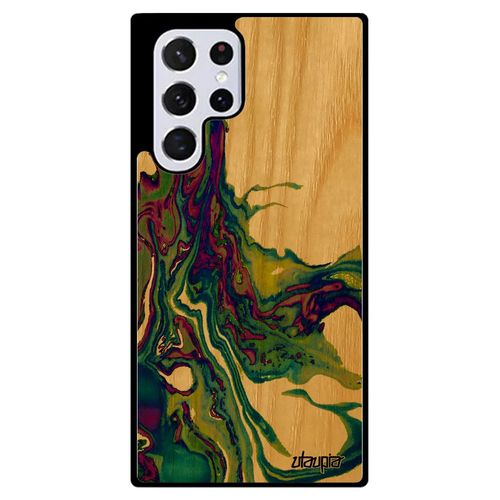 Coque Galaxy S22 Ultra En Bois Silicone Peinture Decoratif Texture Jaune Etui Rigide Coloré Case Unique Telephone Marbre Art Samsung