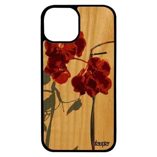 Coque bois orchidée fleur pour iPhone 13 mini silicone antichoc personnalisé tropical Rouge plante femme floral made in France