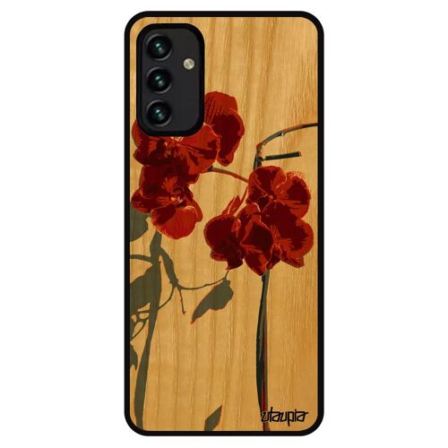 Coque pour Samsung A13 4G en bois silicone orchidée fleur smartphone de protection case plante pas cher peinture tropical Rouge galaxy