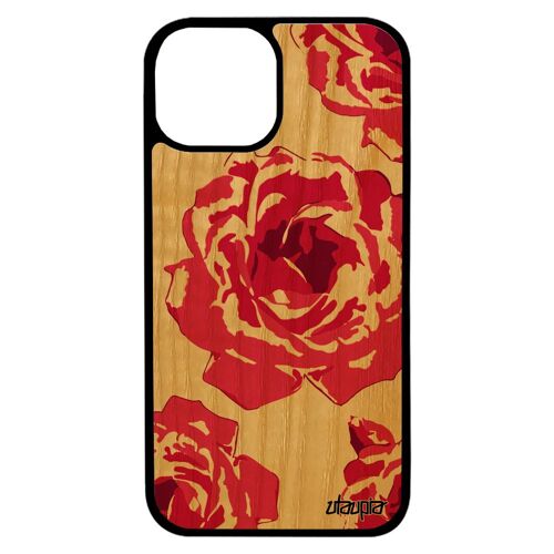 Coque En Bois Pour Iphone 13 Mini Silicone Rose Fleur Floral Antichoc Eternelle Noir Petale De Romantique Tpu Love Smartphone