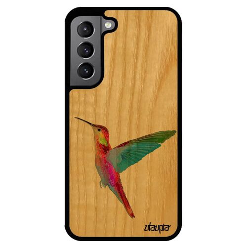 Coque Samsung S22 en bois silicone colibri orange de protection smartphone design oiseau animaux case dessin petit peinture galaxy