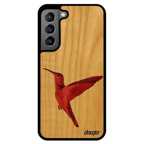 Coque pour S22 bois silicone colibri nature plumes peinture ecologie dessin rouge animaux oiseau cover animal design Samsung galaxy