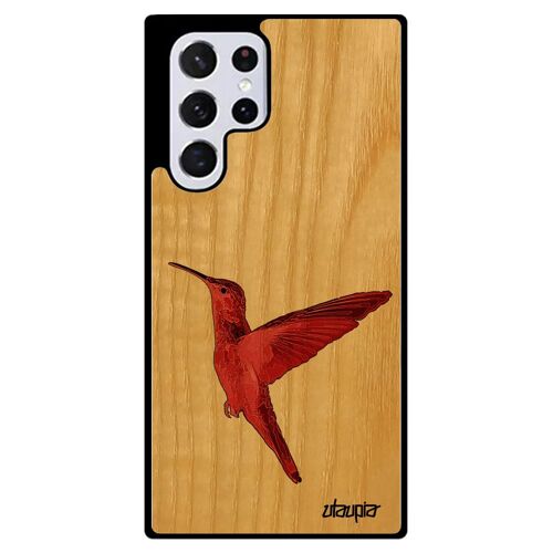 Coque Samsung S22 Ultra en bois silicone colibri animal nature rouge de protection dessin peinture plumes portable oiseau TPU galaxy