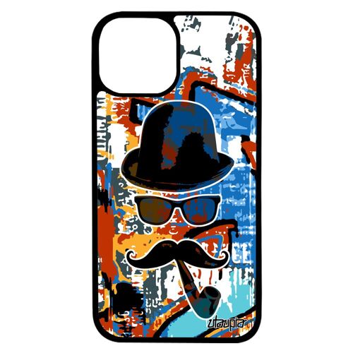 Coque iPhone 13 silicone monsieur moustache telephone mobile vintage art pipe homme cadeau d'anniversaire housse etui orange