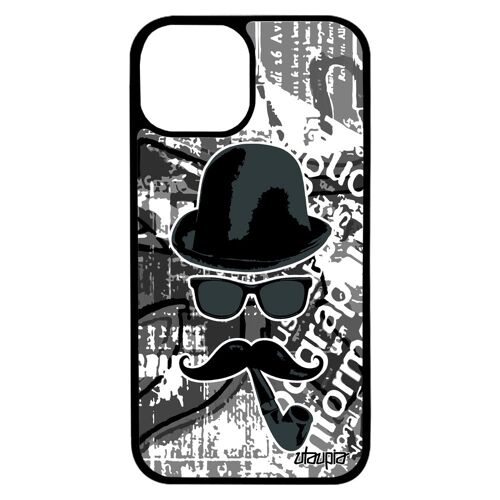 Coque pour iPhone 13 mini silicone moustache homme vintage antichoc peinture pipe journal telephone noir et blanc gris rigide