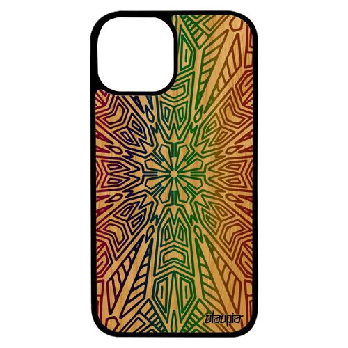 Coque Mandala Tibetain Iphone 13 Mini Bois Silicone Graphique Etui Portable Mobile Jolie Femme Indien Zen Violet Floral Nepal