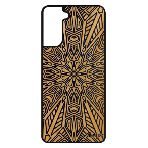 Coque Galaxy S21 FE en bois et silicone Mandala fleur tibetain indien fantaisie de protection homme coloré Bleu bumper nepal Samsung
