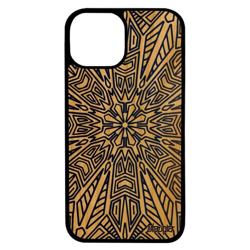 Coque iPhone 13 pro max bois silicone Mandala case indien coloré frêne homme fantaisie caoutchouc nepal Bleu telephone unique