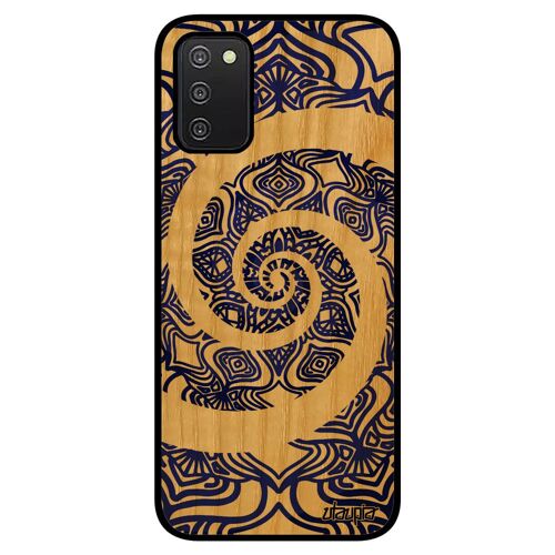 Coque silicone Samsung A03S en bois Mandala indien zen effet 3d antichoc housse tibetain femme fantaisie pas cher fleur Bleu galaxy