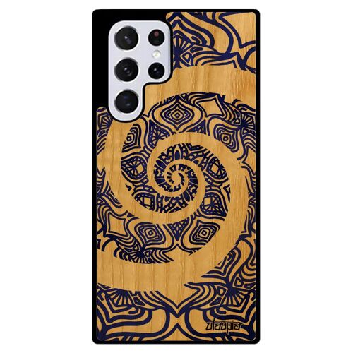 Coque Mandala Indien Telephone Samsung Galaxy S22 Ultra Bois Silicone Tatouage Rosace Fleur Dessin Tibetain Femme Effet 3d Case Zen