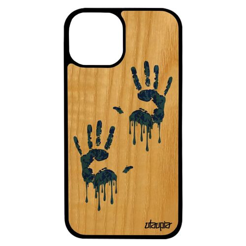 Coque Silicone Rigide Iphone 13 Bois Empreinte Main Deux Etui Femme Portable Trace De Telephone Peinture Qui Degouline Unique
