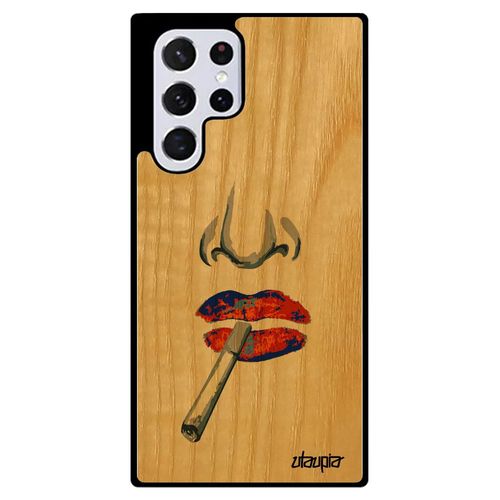 Coque Rigide Samsung S22 Ultra En Bois Et Silicone Portrait Etui Dessin Cigarette De Protection Jaune Abstrait Bisou Femme Galaxy