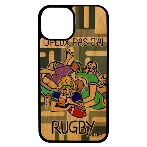 Coque iPhone 13 pro max en vrai bois silicone humour j'peux pas j'ai rugby souple Gris pas cher smartphone case humour drole