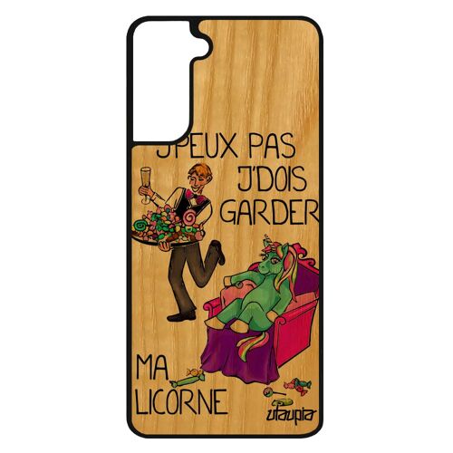 Coque j'peux pas j'dois garder ma licorne S21 FE en bois silicone texte violet cartoon portable fille comique humour Samsung galaxy