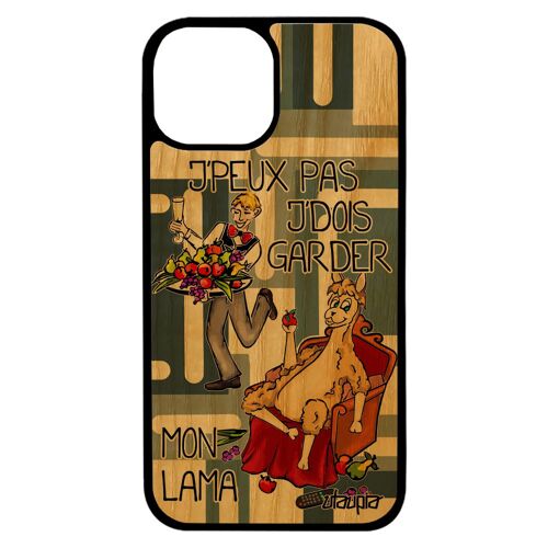 Coque telephone iPhone 13 mini bois silicone j'peux pas j'dois garder mon lama noir portable animal humour cartoon dessin je