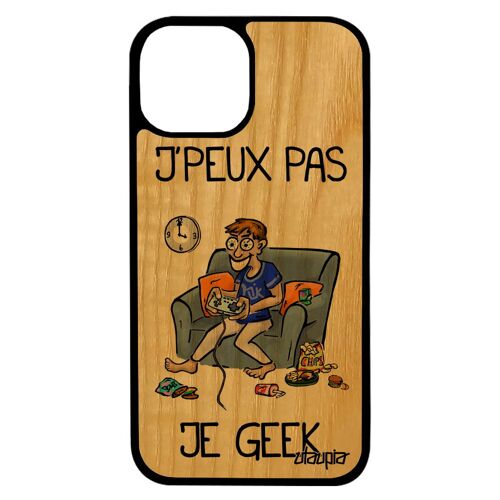 Coque bois naturel iPhone 13 pro max silicone j'peux pas je geek portable texte play jeux video frêne gris personnalisé drole