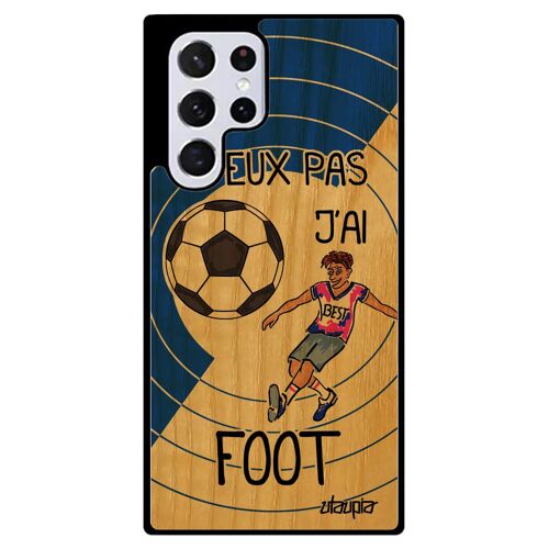 Coque j'peux pas j'ai foot pour Samsung Galaxy S22 Ultra bois silicone bande dessinée drole humoristique coupe du monde comique Bleu