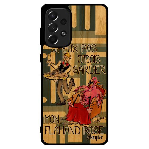 Coque Bois Silicone Samsung Galaxy A73 J'peux Pas J'dois Garder Mon Flamand Rose Oiseau Texte Comique Noir Mobile Cartoon Dessin Je