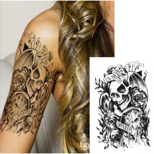 Grand Tatouage Temporaire Rose Autocollant Horloge Tète Mort Gothique Punk Rock Motard Moto Skulle Crane Rose Fleur Chauve Souris Poker 