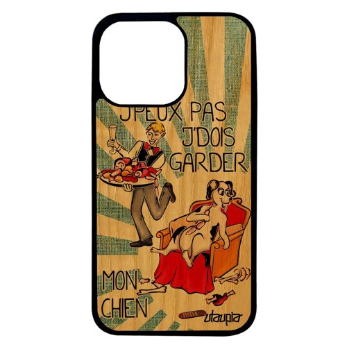Coque j'peux pas j'dois garder mon chien iPhone 13 pro en bois silicone bd comique humour portable bumper housse je texte bleu