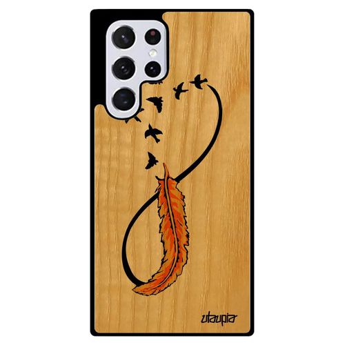 Coque Infini Pour Samsung S22 Ultra Bois Veritable Silicone Antichoc Sans Fin Oiseau Amour Rigide Jaune Housse Pas Cher Galaxy