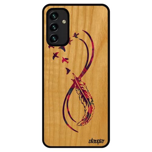 Coque en bois infini Samsung A13 4G silicone multicolore zen telephone femme bumper smartphone plume Violet oiseau amour coloré galaxy