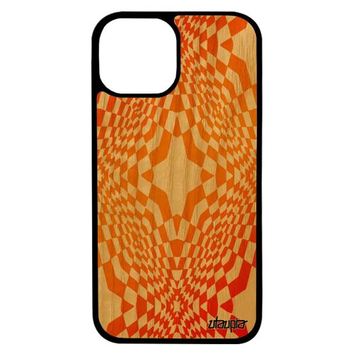 Coque silicone iPhone 13 pro max en bois illusion d'optique losange geometrique personnalisé pas cher orange graphique magie