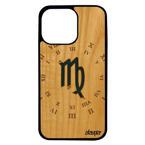 Coque silicone pour iPhone 13 pro bois Signe vierge mobile galaxie caoutchouc telephone Bleu dessin univers horoscope horloge