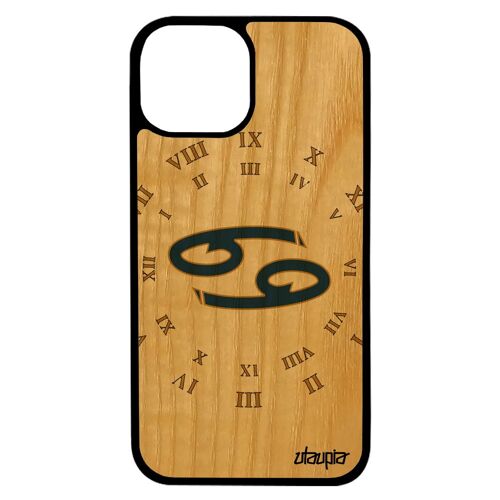 Coque bois iPhone 13 silicone Signe cancer du zodiaque horloge univers astrologique portable horoscope noir 4G made in France