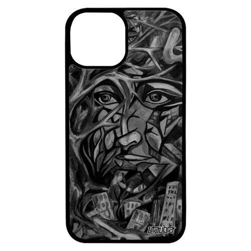 Coque antichoc iPhone 13 mini silicone portrait street art jolie visage arbre artisanat bumper femme housse gris abstrait 4G