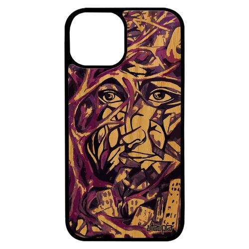 Coque Bois Pour Iphone 13 Mini Silicone Portrait Street Art Jolie Visage Fait Main Abstrait Etui Violet Arbre Peinture Homme