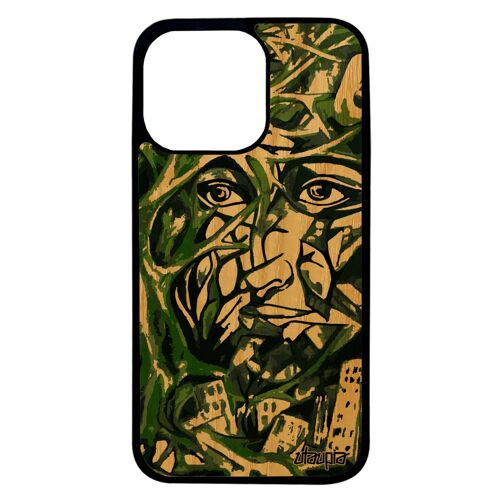 Coque iPhone 13 pro bois silicone portrait street art cadeau visage peinture huile case 4G vert abstrait telephone immeubles