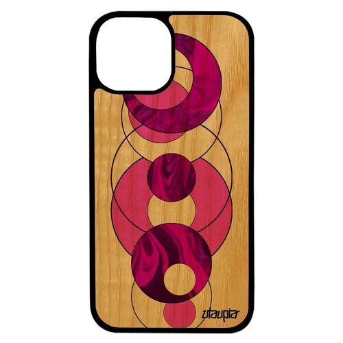 Coque pour iPhone 13 bois silicone marbre texture design geometrie rond pierre coloré rose artisanat personnalisé granite case