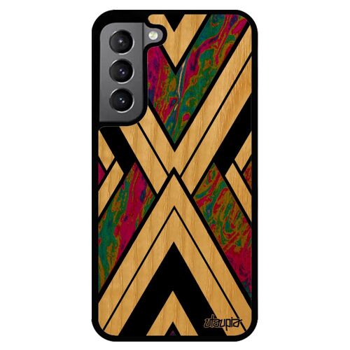 Coque pour Galaxy S22 en bois silicone marbre frêne effet portable fait main 4G telephone case fond cover geometrique violet Samsung