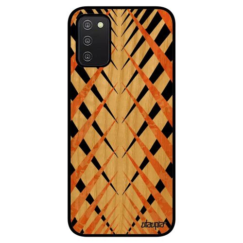 Coque design carreau antichoc A03S en bois silicone texture geometrique mobile motif losange tartan etui orange Samsung galaxy