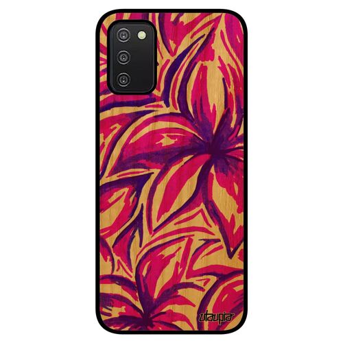 Coque fleurs Samsung Galaxy A03S en bois silicone fait main nature bumper floral violet peinture souple fond feuille noir effet de