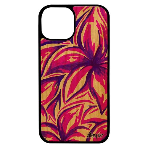 Coque Pour Iphone 13 Mini Bois Silicone Fleurs Nature Fond Fait Main Portable Motif Effet Feuille 4g Violet Floral Peinture De