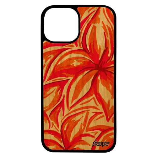 Coque Iphone 13 Bois Silicone Fleurs Smartphone Nature Floral Jolie Motif Housse Rouge Effet Noir Fond Cover Peinture Feuille