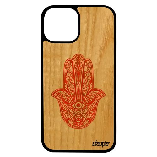 Coque en bois iPhone 13 silicone main de fatma talisman orange symbole fille il fatima smartphone cadeau Aid al-kabîr design