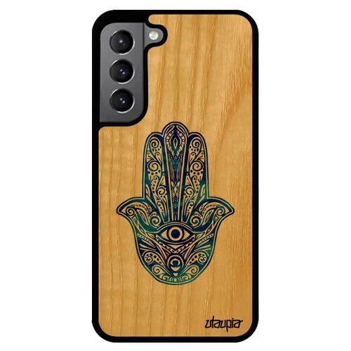 Coque silicone S22 bois main de fatma afrique du nord porte bonheur rigide bleu portable cadeau Aid al-kabîr fatima Samsung galaxy